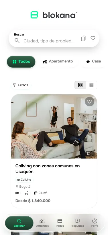 Captura de Blokana en el celular, con el buscador, los filtros y una propiedad de coliving en Bogotá.